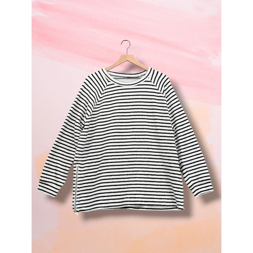 Textured Black and White Striped Side Zip Raglan Sweatshirt Top Size L